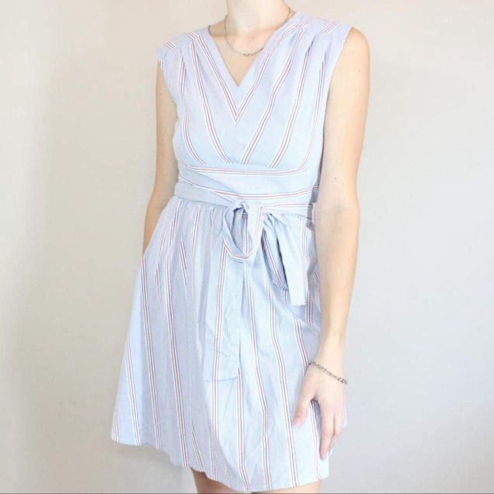 Vineyard Vines Stripped V-Neckline Waist Wrap Blue White Red Mini Dress Sz 2